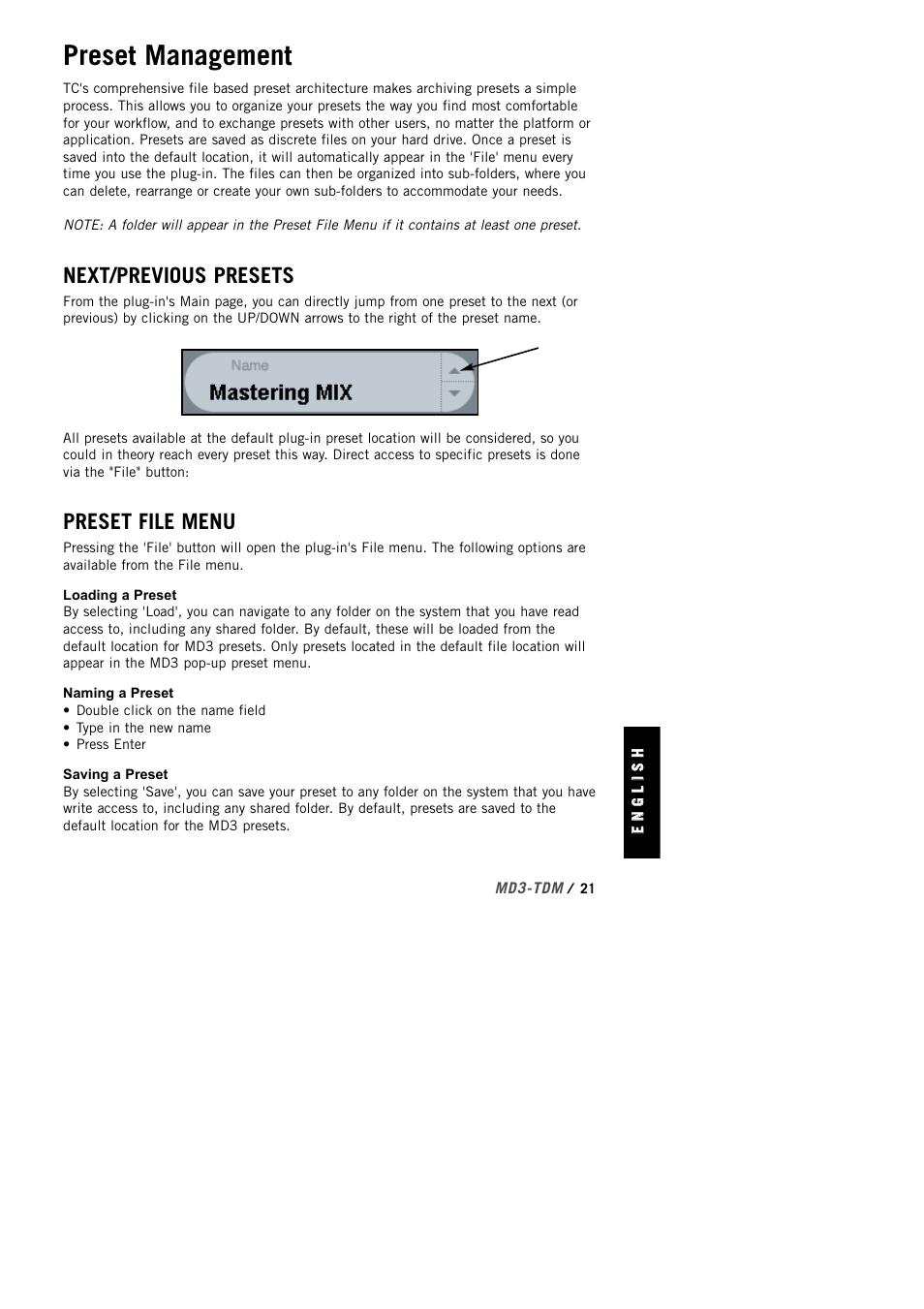 Preset management, Next/previous presets, Preset file menu | TC Electronic MD3 TDM User Manual | Page 23 / 27