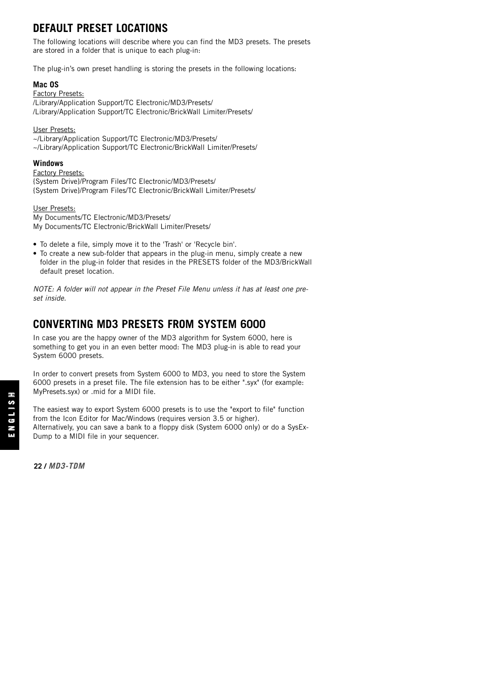 Default preset locations | TC Electronic MD3 TDM User Manual | Page 24 / 27