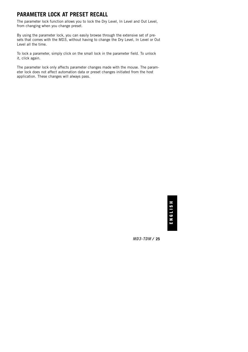 Parameter lock at preset recall | TC Electronic MD3 TDM User Manual | Page 27 / 27