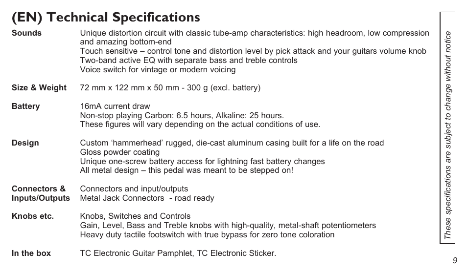 En) technical specifications | TC Electronic Röttweiler Distortion User Manual | Page 9 / 10