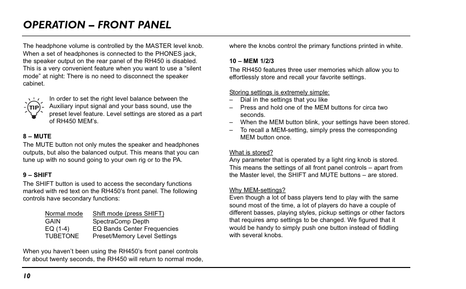 Operation – front panel | TC Electronic ComboStaccato User Manual | Page 12 / 22