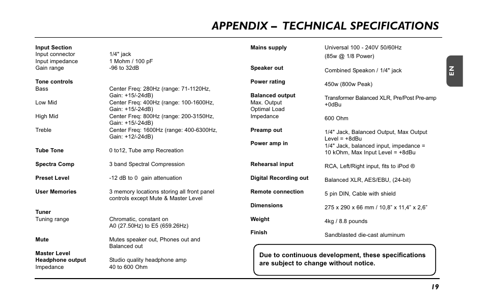 Appendix – technical specifications | TC Electronic ComboStaccato User Manual | Page 21 / 22