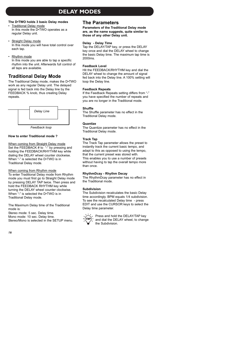 Delay modes, Traditional delay mode, The parameters | TC Electronic D-Two User Manual | Page 18 / 31