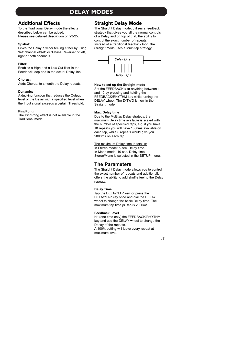 Delay modes, Additional effects, Straight delay mode | The parameters | TC Electronic D-Two User Manual | Page 19 / 31