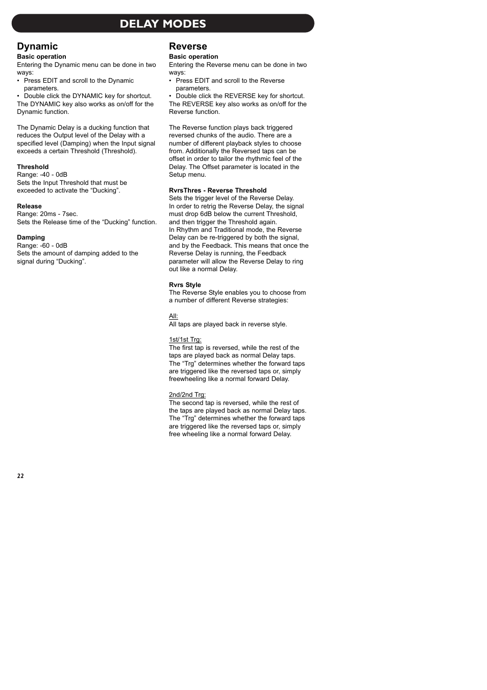 Delay modes, Dynamic, Reverse | TC Electronic D-Two User Manual | Page 24 / 31