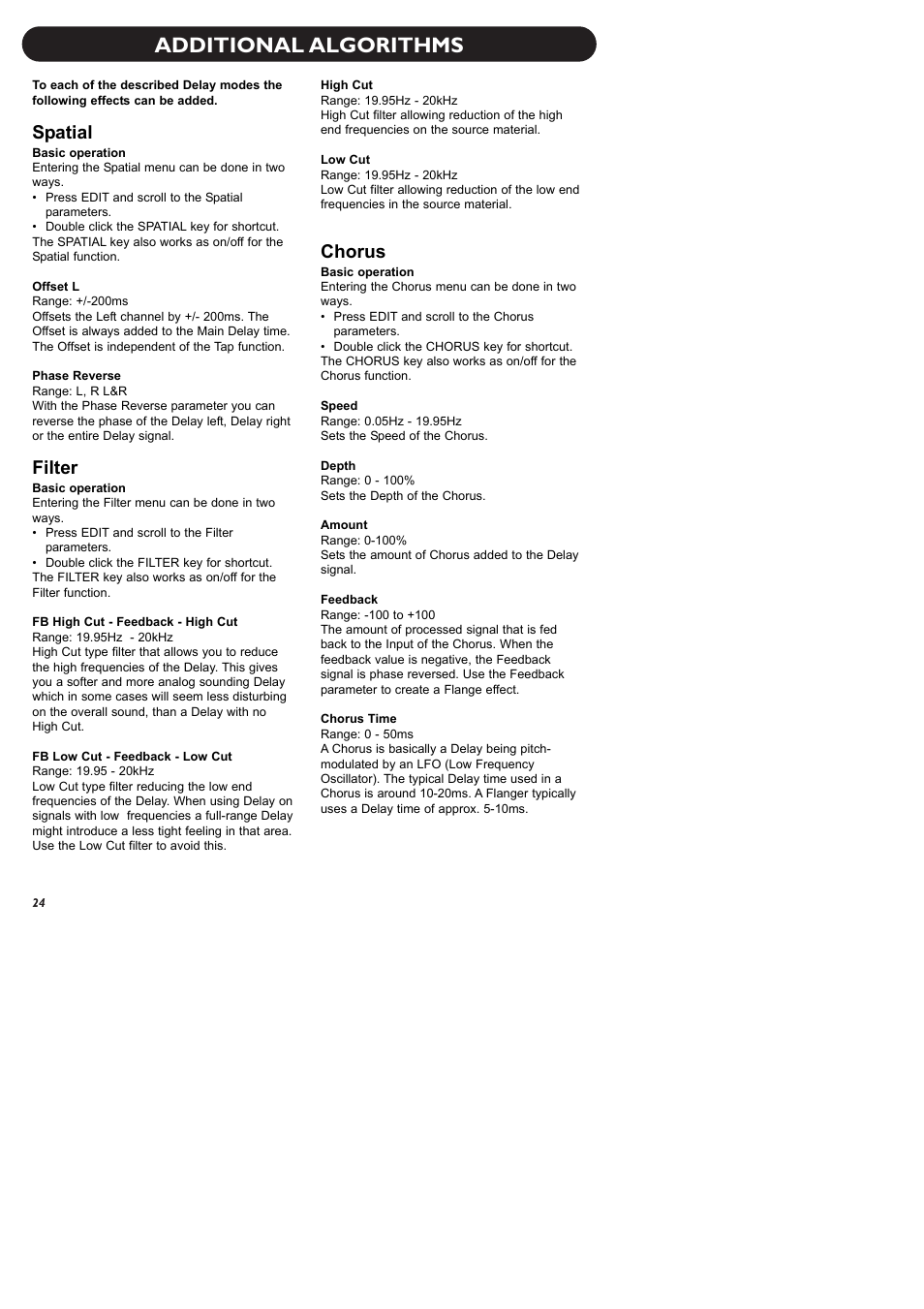 Additional algorithms, Spatial, Filter | Chorus | TC Electronic D-Two User Manual | Page 26 / 31