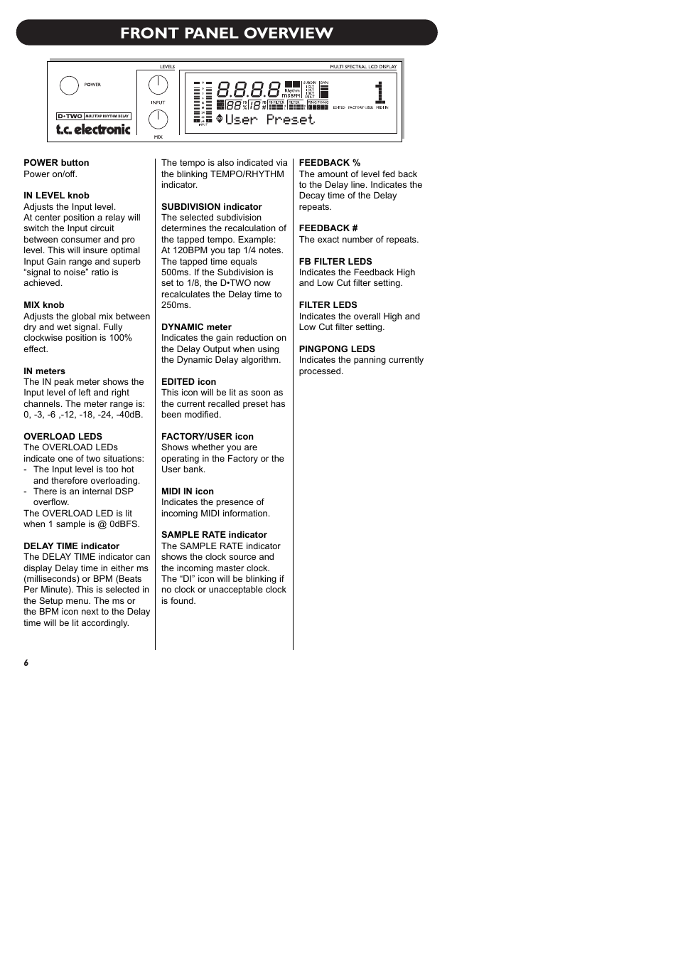 Front panel overview | TC Electronic D-Two User Manual | Page 8 / 31