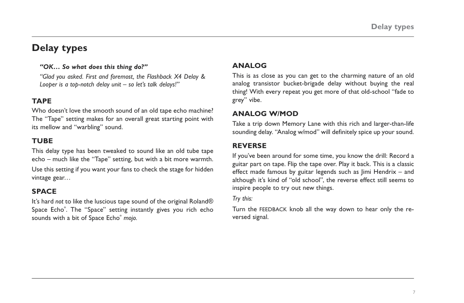 Delay types, Tape, Tube | Space, Analog, Analog w/mod, Reverse, Tape 7 tube 7 space 7 analog 7 analog w/mod, Reverse 7 | TC Electronic Flashback X4 Delay User Manual | Page 10 / 31
