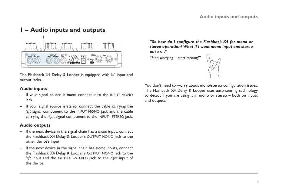 1 – audio inputs and outputs, Audio inputs, Audio outputs | TC Electronic Flashback X4 Delay User Manual | Page 12 / 31