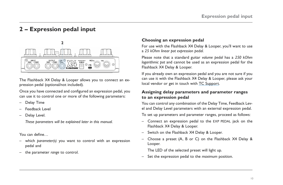 2 – expression pedal input, Choosing an expression pedal | TC Electronic Flashback X4 Delay User Manual | Page 13 / 31