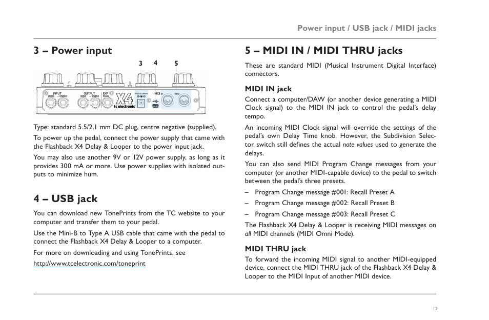 3 – power input, 4 – usb jack, 5 – midi in / midi thru jacks | Midi in jack, Midi thru jack | TC Electronic Flashback X4 Delay User Manual | Page 15 / 31