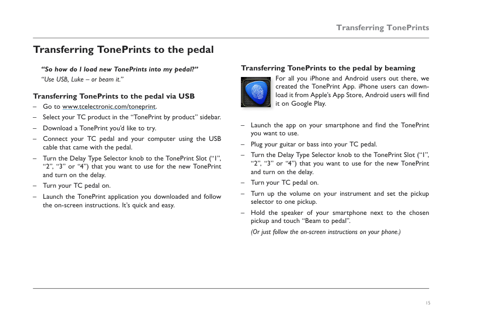 Transferring toneprints to the pedal, Transferring toneprints to the pedal via usb, Transferring toneprints to the pedal by beaming | TC Electronic Flashback X4 Delay User Manual | Page 18 / 31