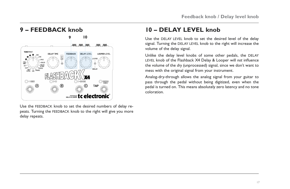 9 – feedback knob, 10 – delay level knob | TC Electronic Flashback X4 Delay User Manual | Page 20 / 31