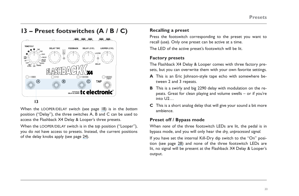 13 – preset footswitches (a / b / c), Recalling a preset, Factory presets | Preset off / bypass mode | TC Electronic Flashback X4 Delay User Manual | Page 23 / 31