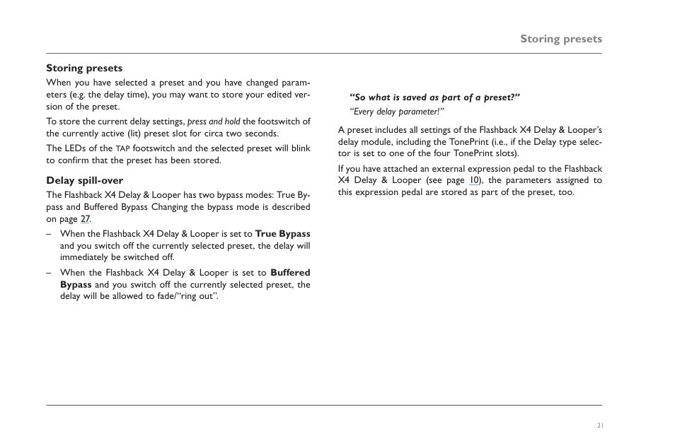 Storing presets, Delay spill-over | TC Electronic Flashback X4 Delay User Manual | Page 24 / 31