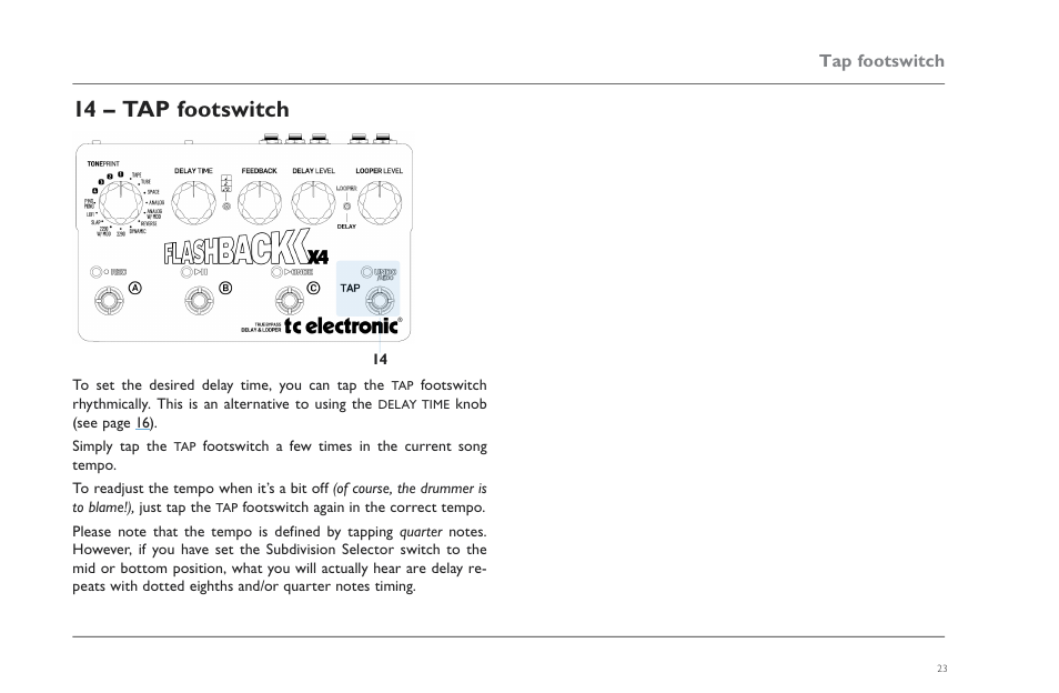 14 – tap footswitch, 14 – tap footswitch 23 | TC Electronic Flashback X4 Delay User Manual | Page 26 / 31