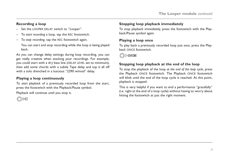 Recording a loop, Playing a loop continuously, Stopping loop playback immediately | Playing a loop once, Stopping loop playback at the end of the loop | TC Electronic Flashback X4 Delay User Manual | Page 28 / 31