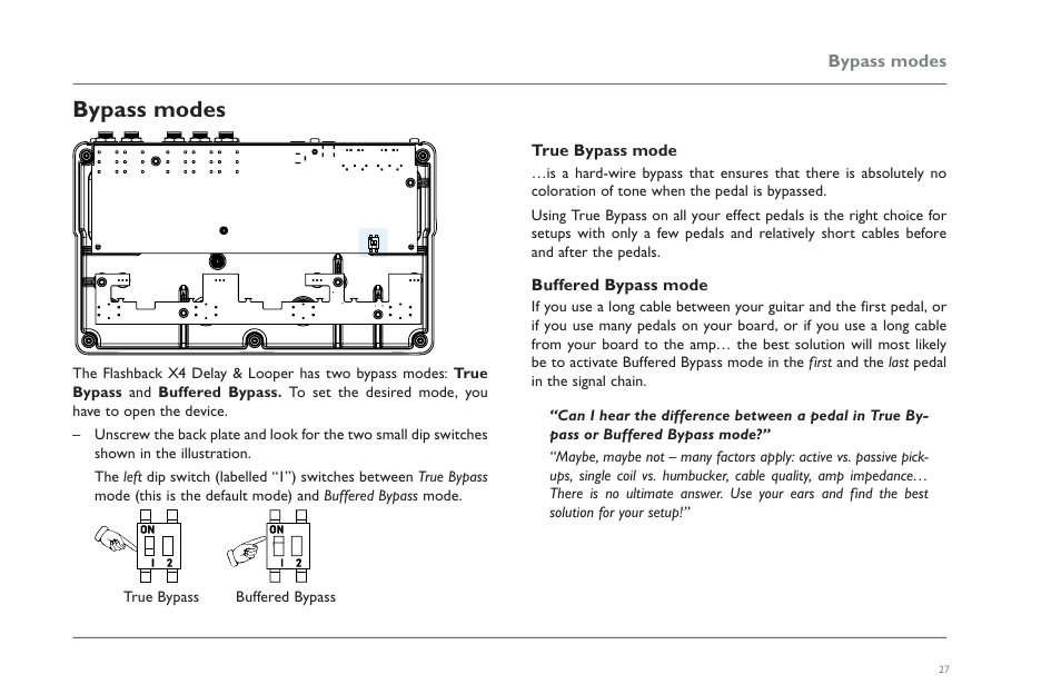 Bypass modes, True bypass mode, Buffered bypass mode | TC Electronic Flashback X4 Delay User Manual | Page 30 / 31