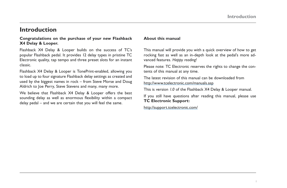 Introduction, Introduction 1 | TC Electronic Flashback X4 Delay User Manual | Page 4 / 31