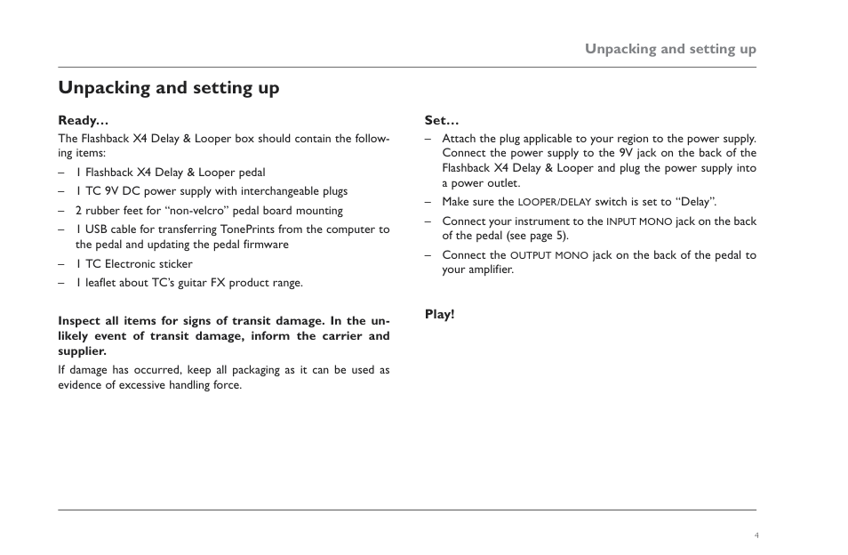 Unpacking and setting up, Ready, Play | Ready… 4 set… 4 play! 4 | TC Electronic Flashback X4 Delay User Manual | Page 7 / 31