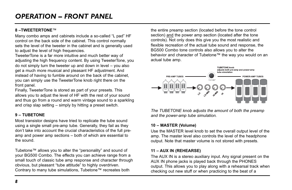 Operation – front panel | TC Electronic BG500 - 210 User Manual | Page 10 / 18