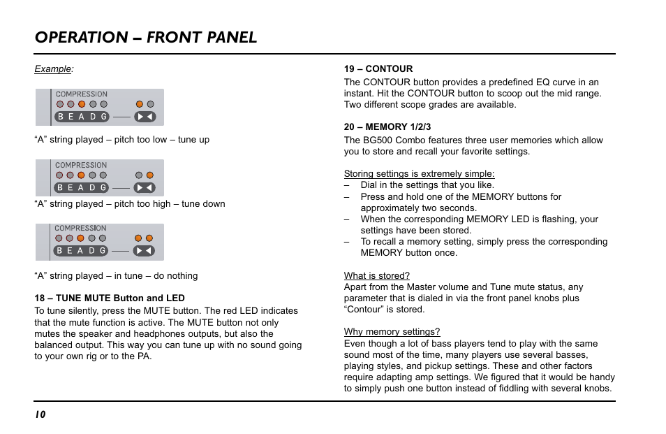 Operation – front panel | TC Electronic BG500 - 210 User Manual | Page 12 / 18