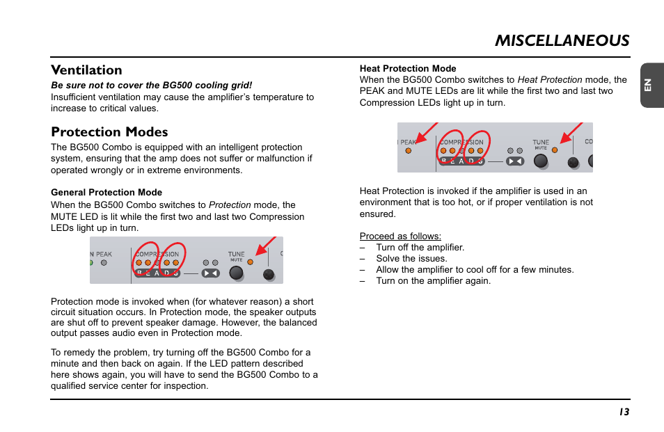 Miscellaneous, Ventilation, Protection modes | TC Electronic BG500 - 210 User Manual | Page 15 / 18