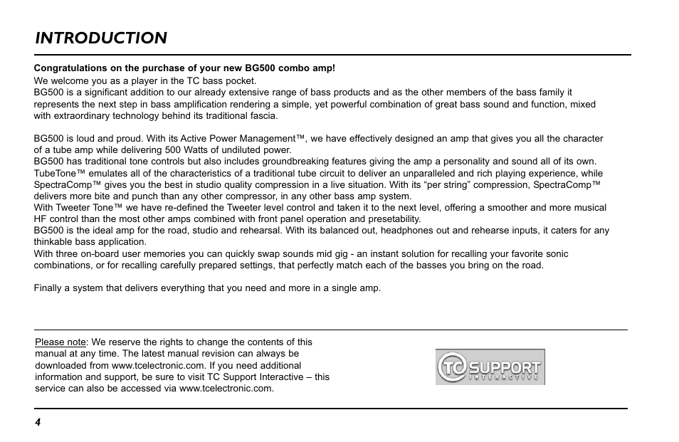 Introduction | TC Electronic BG500 - 210 User Manual | Page 6 / 18