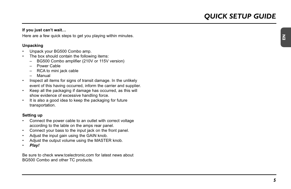 Quick setup guide | TC Electronic BG500 - 210 User Manual | Page 7 / 18