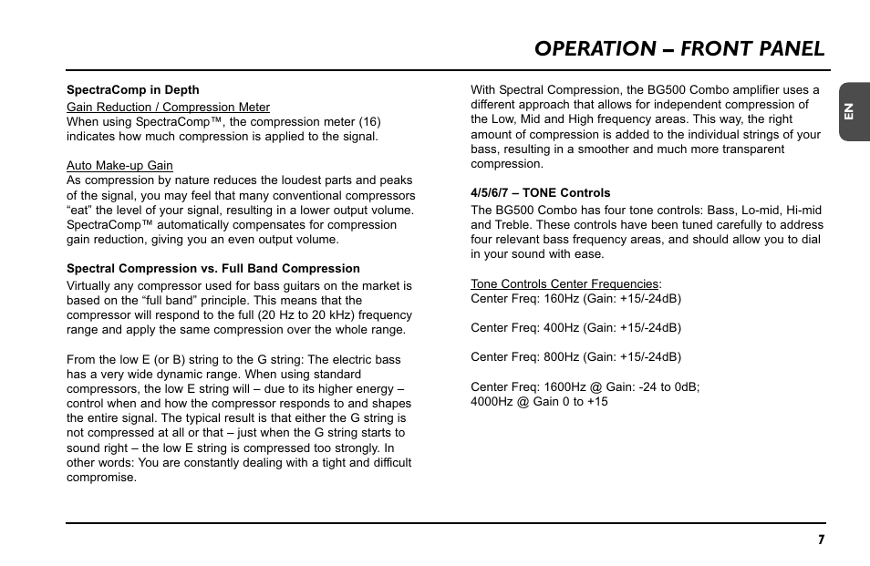 Operation – front panel | TC Electronic BG500 - 210 User Manual | Page 9 / 18