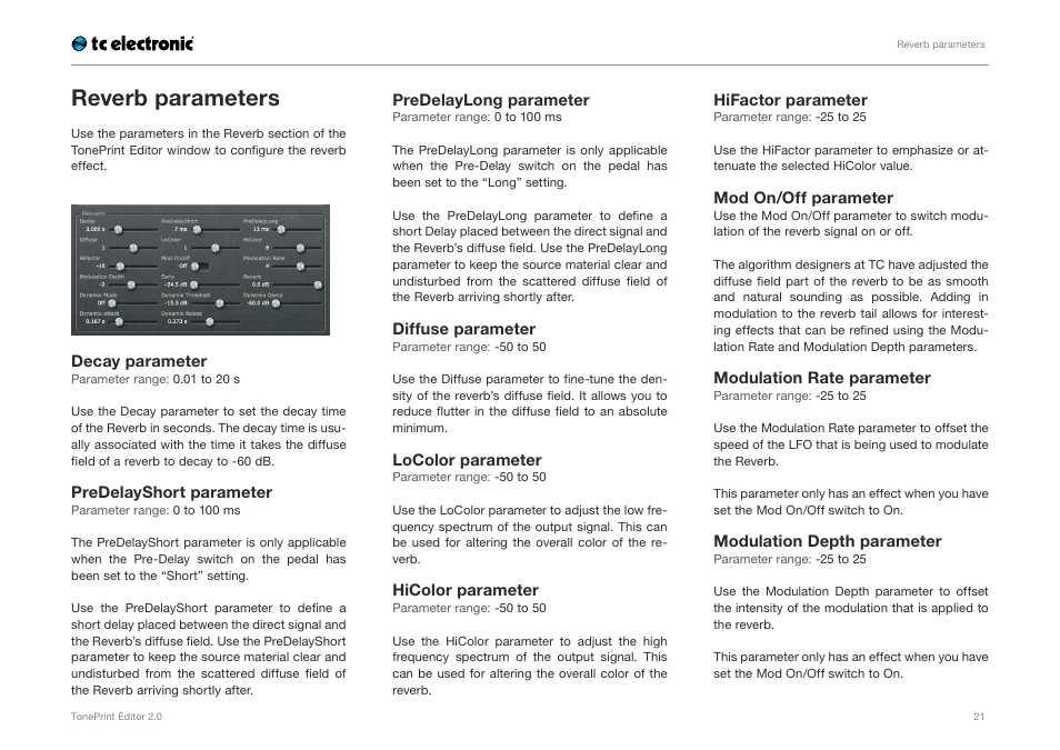 Reverb parameters | TC Electronic TonePrint Editor User Manual | Page 23 / 26