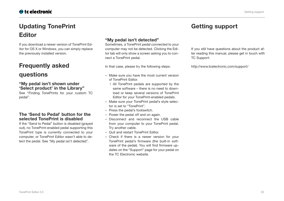 Updating toneprint editor, Frequently asked questions, Getting support | My pedal isn’t detect- ed | TC Electronic TonePrint Editor User Manual | Page 25 / 26