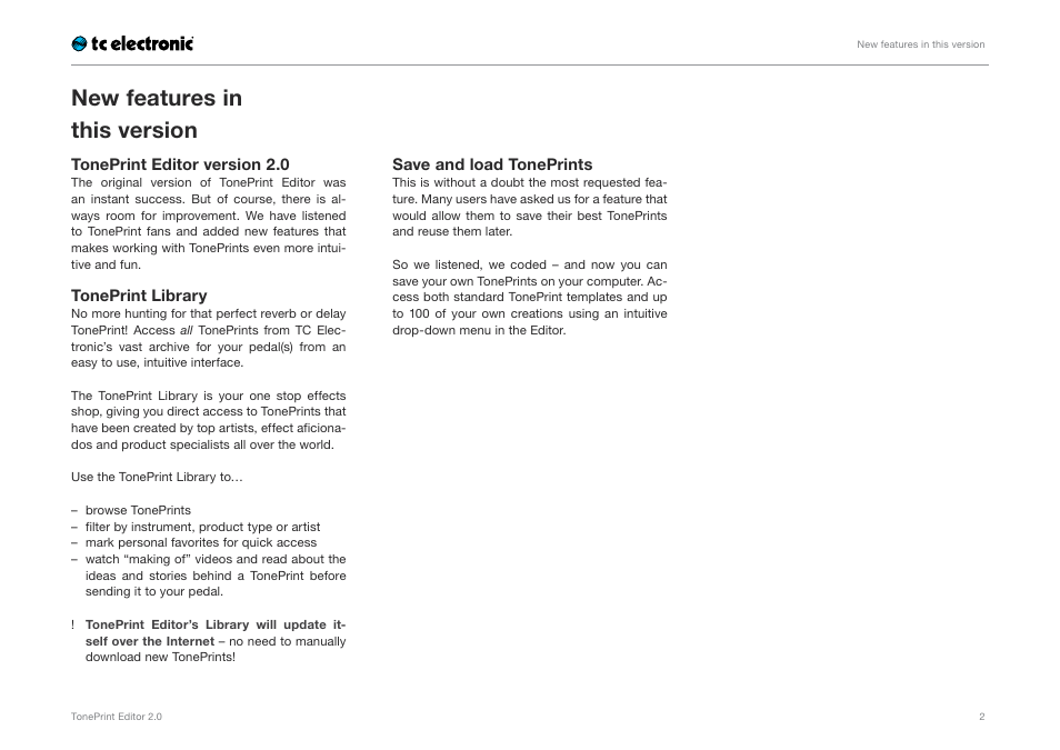 New features in this version | TC Electronic TonePrint Editor User Manual | Page 4 / 26