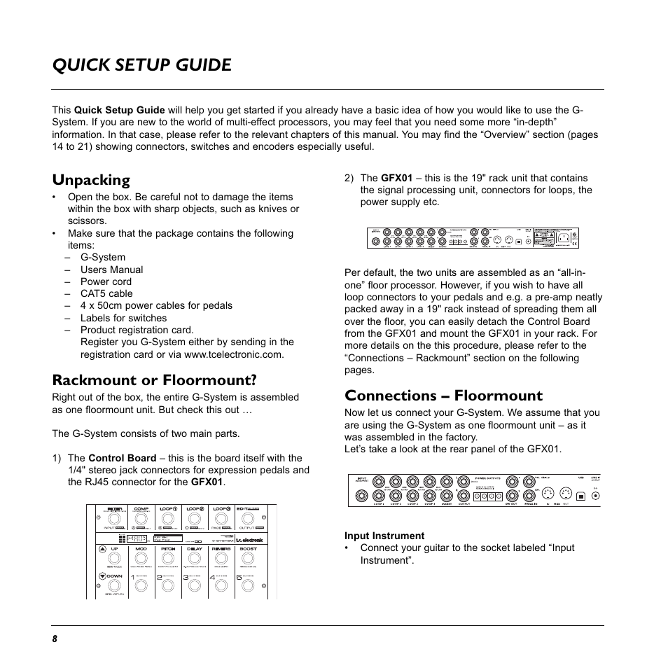 Quick setup guide, Unpacking, Rackmount or floormount | Connections – floormount | TC Electronic G-System User Manual | Page 10 / 81