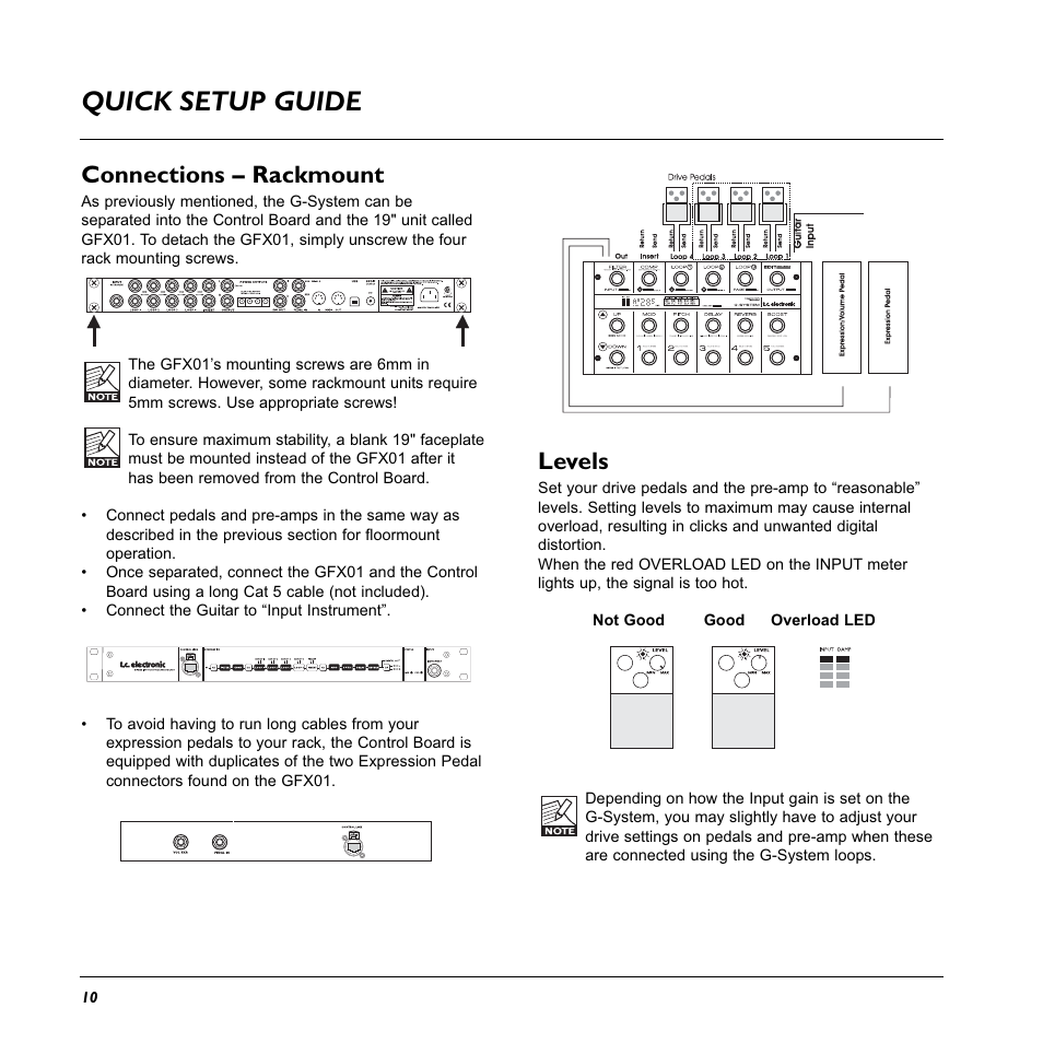 Quick setup guide, Connections – rackmount, Levels | TC Electronic G-System User Manual | Page 12 / 81