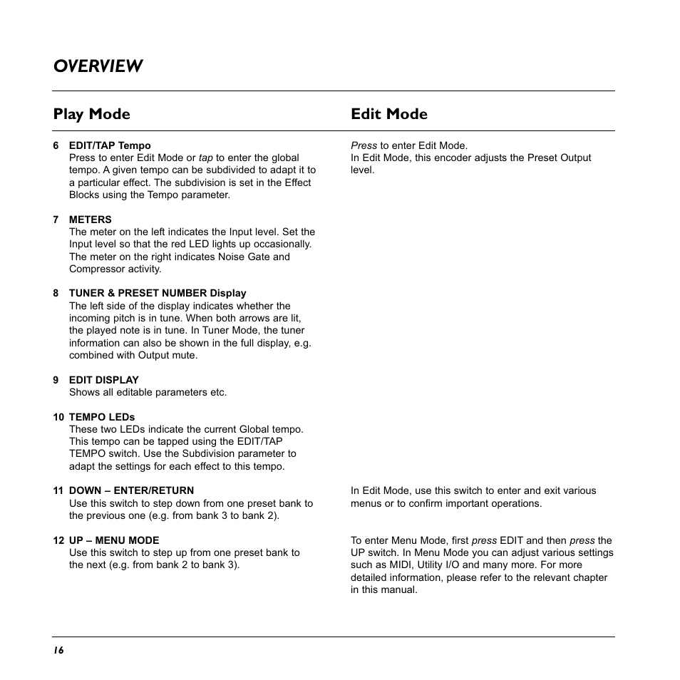 Overview, Play mode edit mode | TC Electronic G-System User Manual | Page 18 / 81