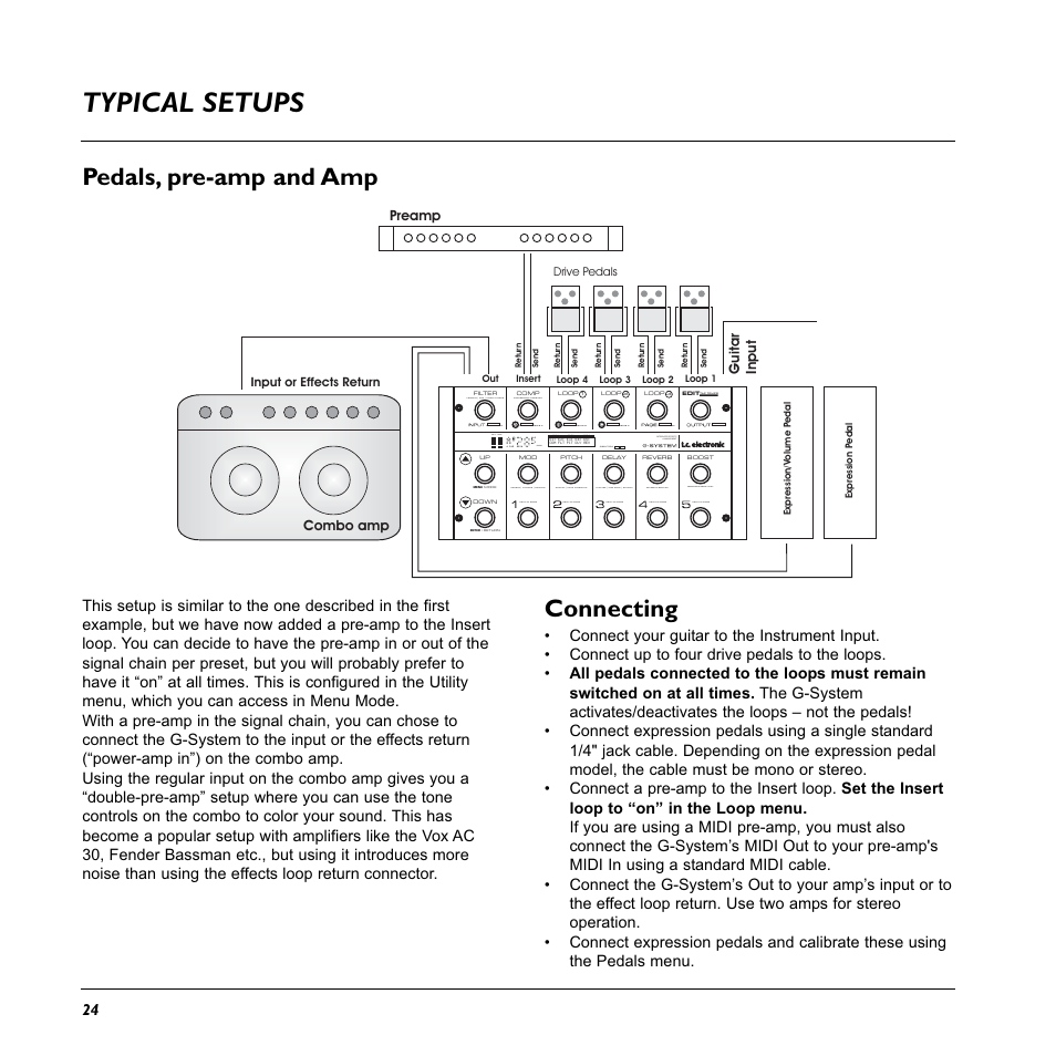 Typical setups, Pedals, pre-amp and amp, Connecting | Push, Integrated effects +management, Encoder | TC Electronic G-System User Manual | Page 26 / 81