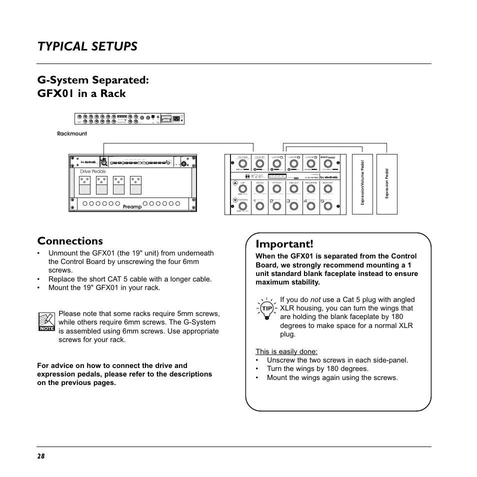 Typical setups, G-system separated: gfx01 in a rack, Important | Connections | TC Electronic G-System User Manual | Page 30 / 81