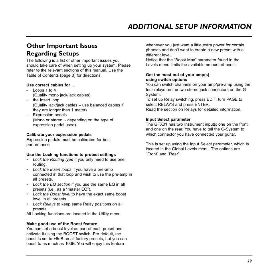 Additional setup information, Other important issues regarding setups | TC Electronic G-System User Manual | Page 31 / 81