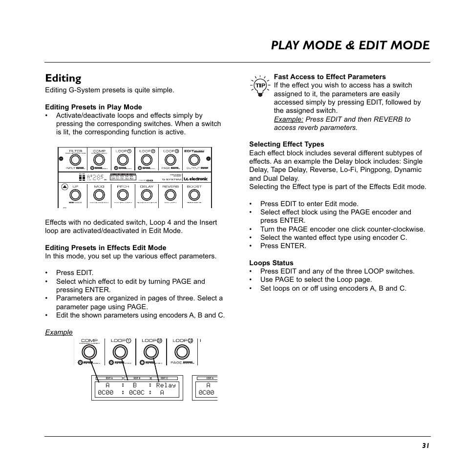 Play mode & edit mode, Editing | TC Electronic G-System User Manual | Page 33 / 81