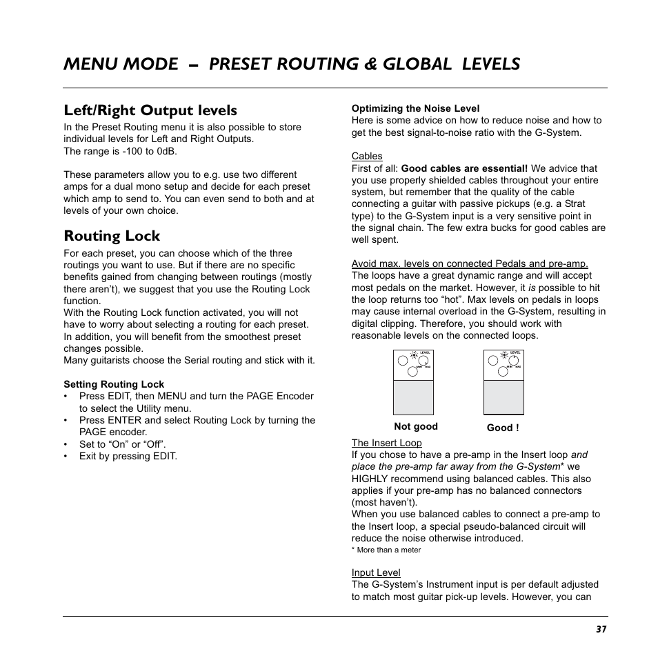 Menu mode – preset routing & global levels, Left/right output levels, Routing lock | TC Electronic G-System User Manual | Page 39 / 81