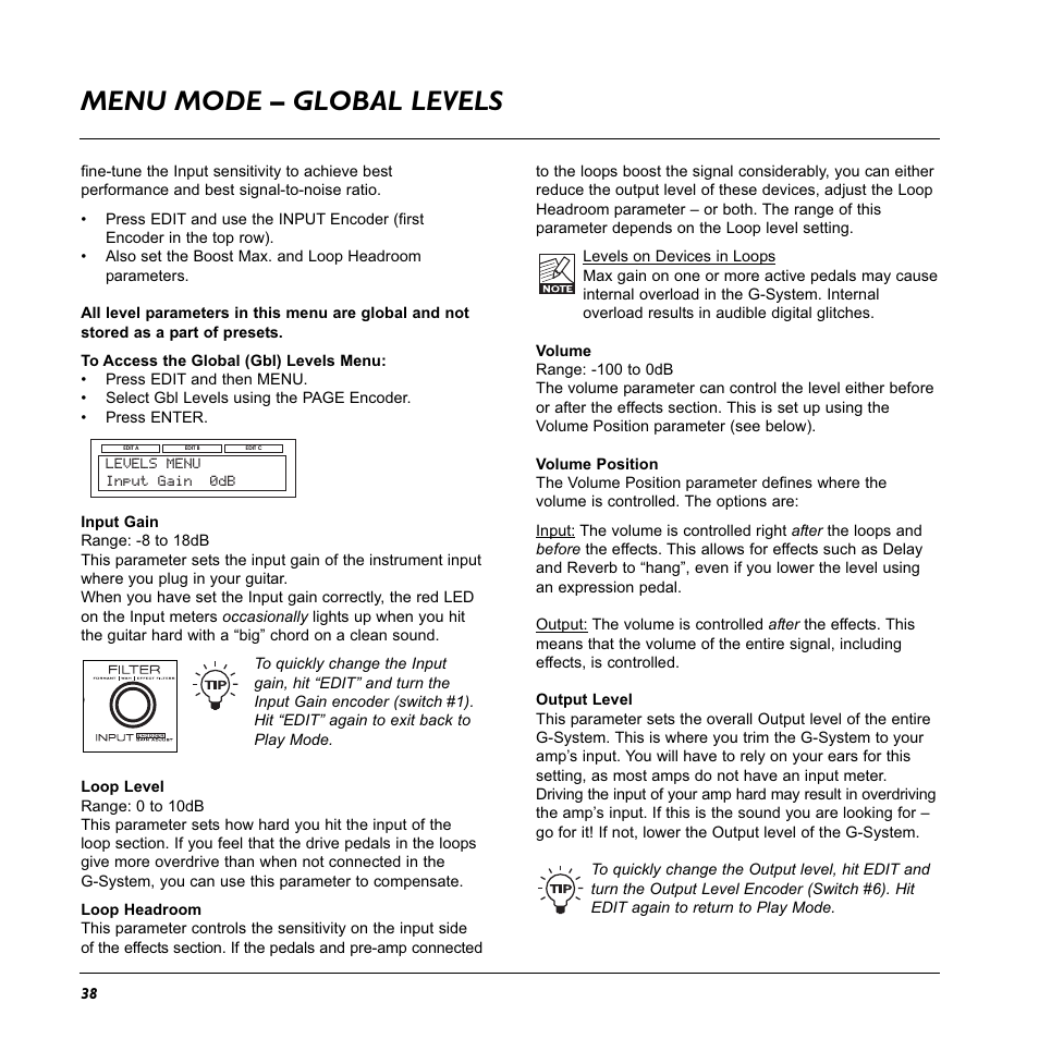 Menu mode – global levels | TC Electronic G-System User Manual | Page 40 / 81