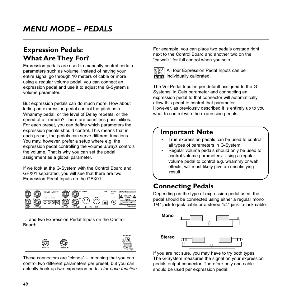 Menu mode – pedals, Expression pedals: what are they for, Connecting pedals | TC Electronic G-System User Manual | Page 42 / 81