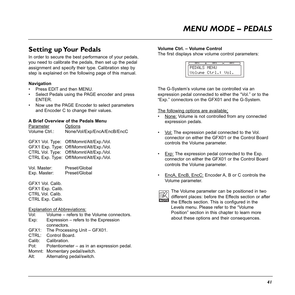 Menu mode – pedals, Setting up your pedals | TC Electronic G-System User Manual | Page 43 / 81