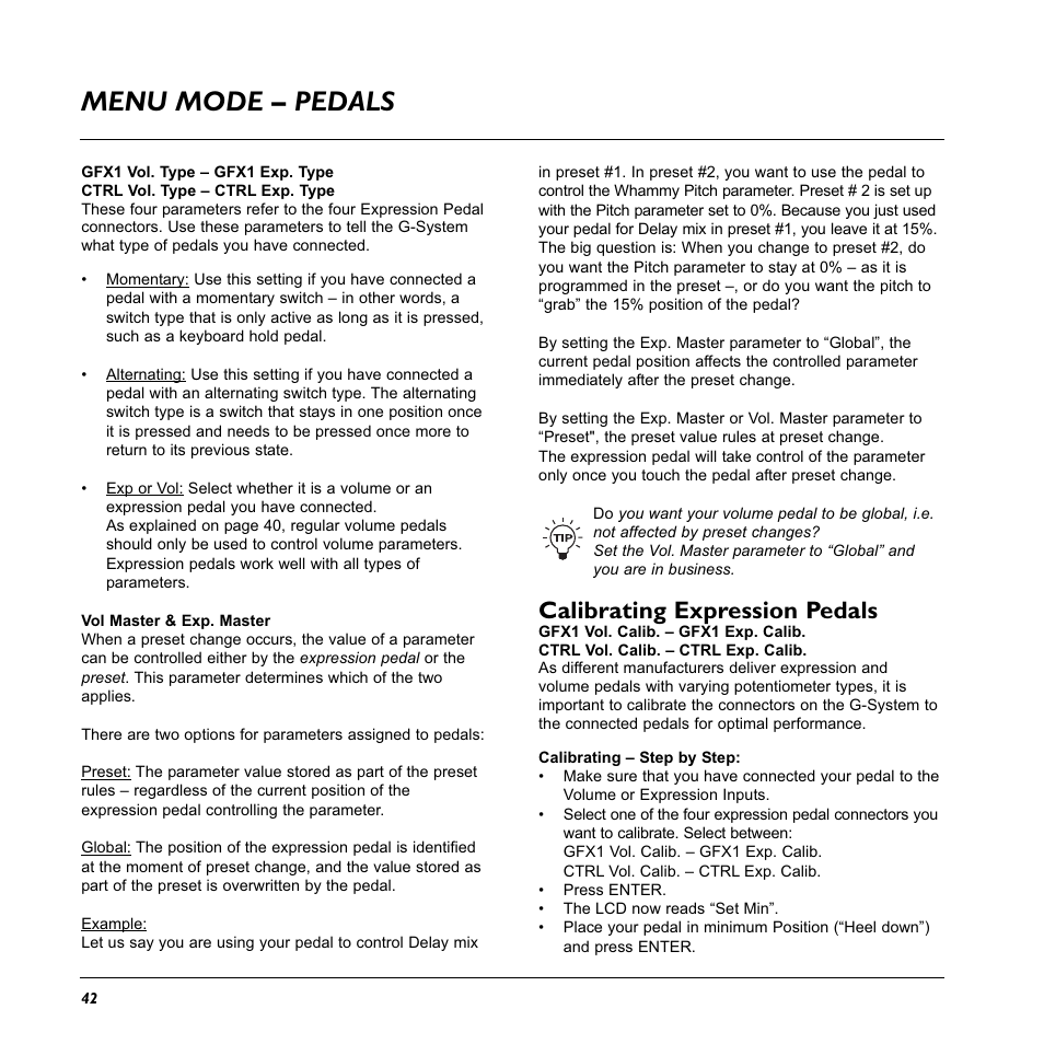 Menu mode – pedals, Calibrating expression pedals | TC Electronic G-System User Manual | Page 44 / 81