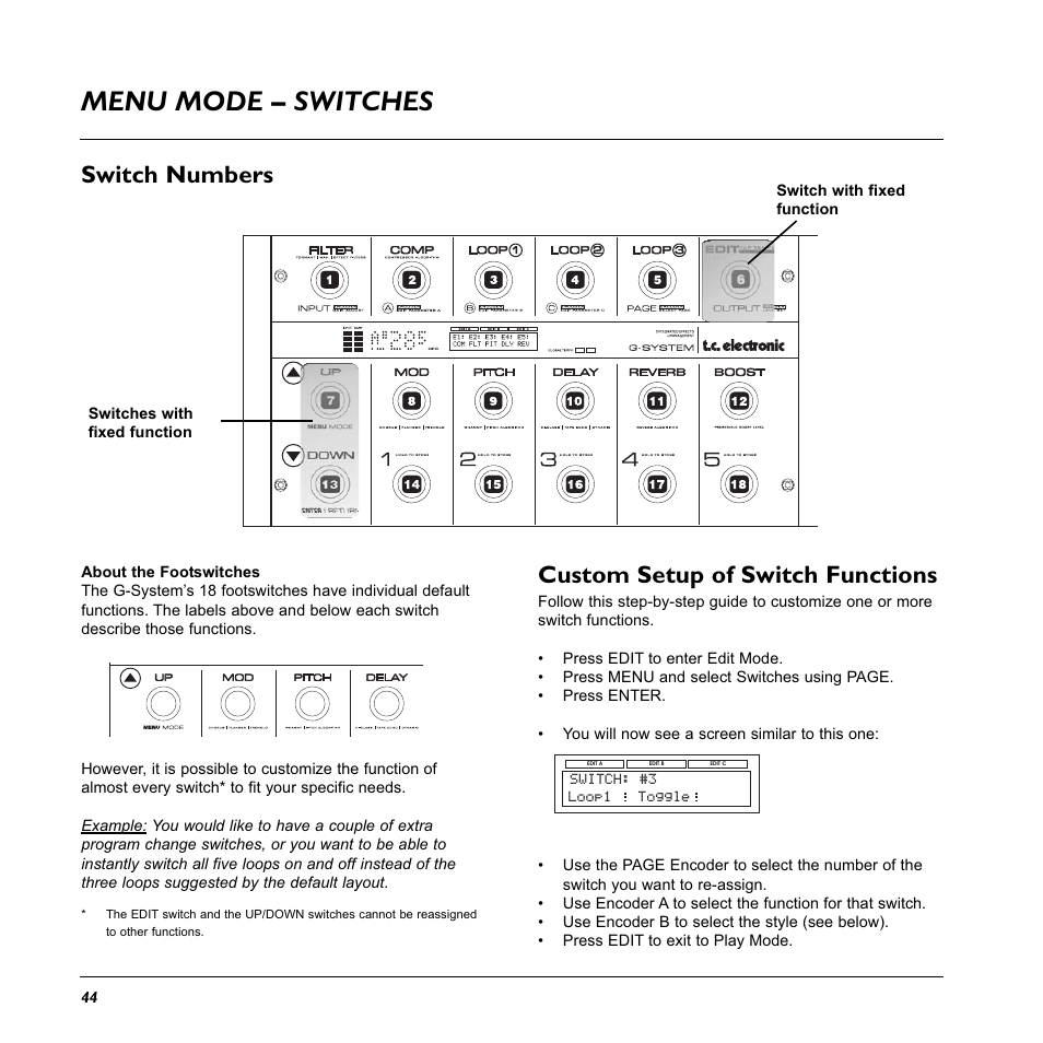 Menu mode – switches, Custom setup of switch functions, Switch numbers | TC Electronic G-System User Manual | Page 46 / 81