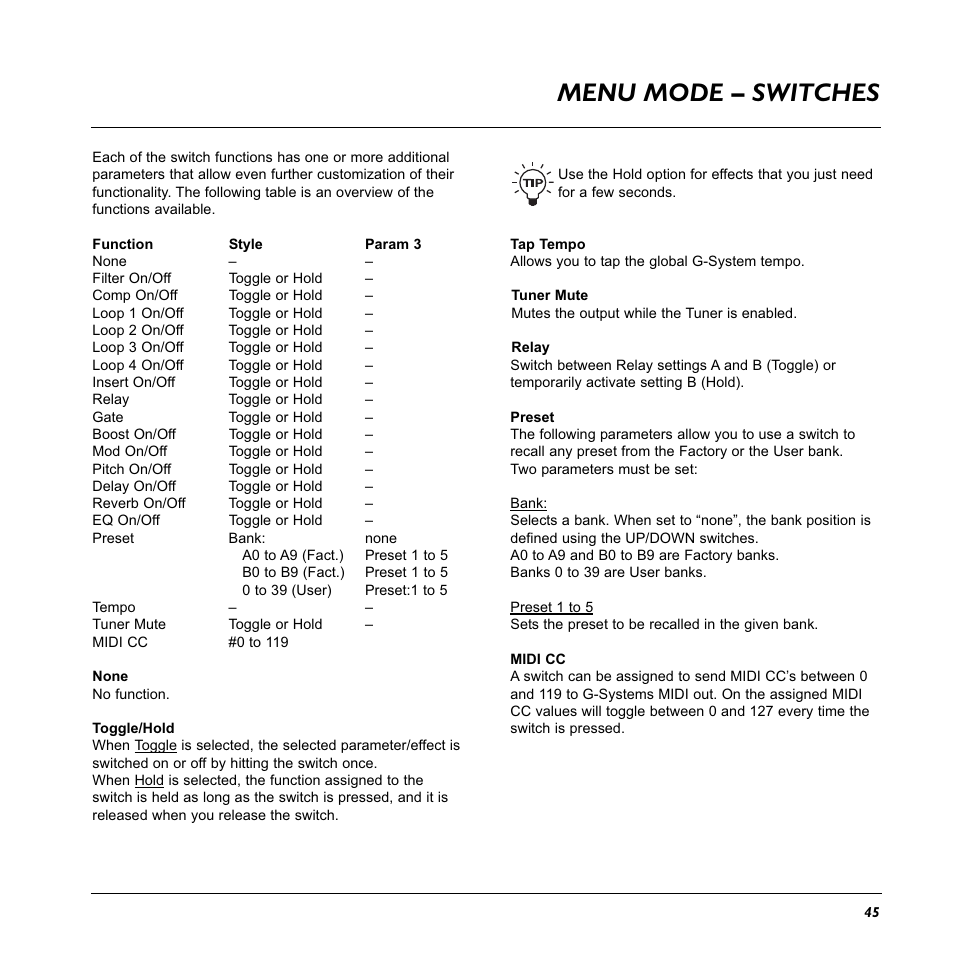 Menu mode – switches | TC Electronic G-System User Manual | Page 47 / 81