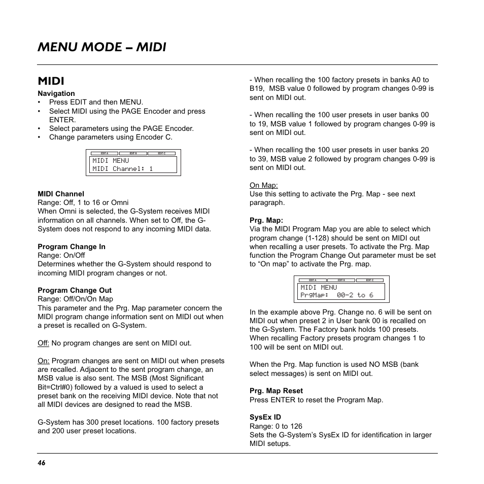 Menu mode – midi, Midi | TC Electronic G-System User Manual | Page 48 / 81