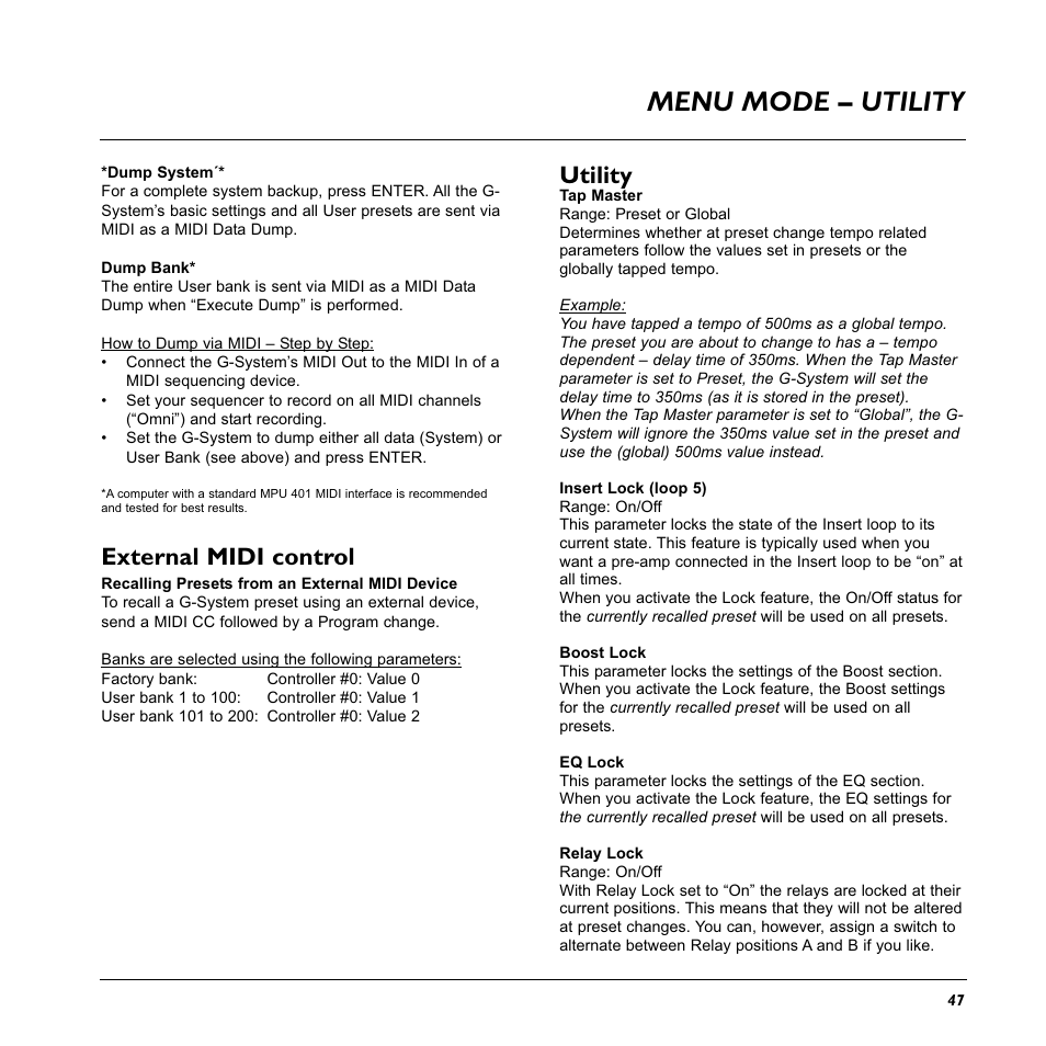 Menu mode – utility, Utility, External midi control | TC Electronic G-System User Manual | Page 49 / 81