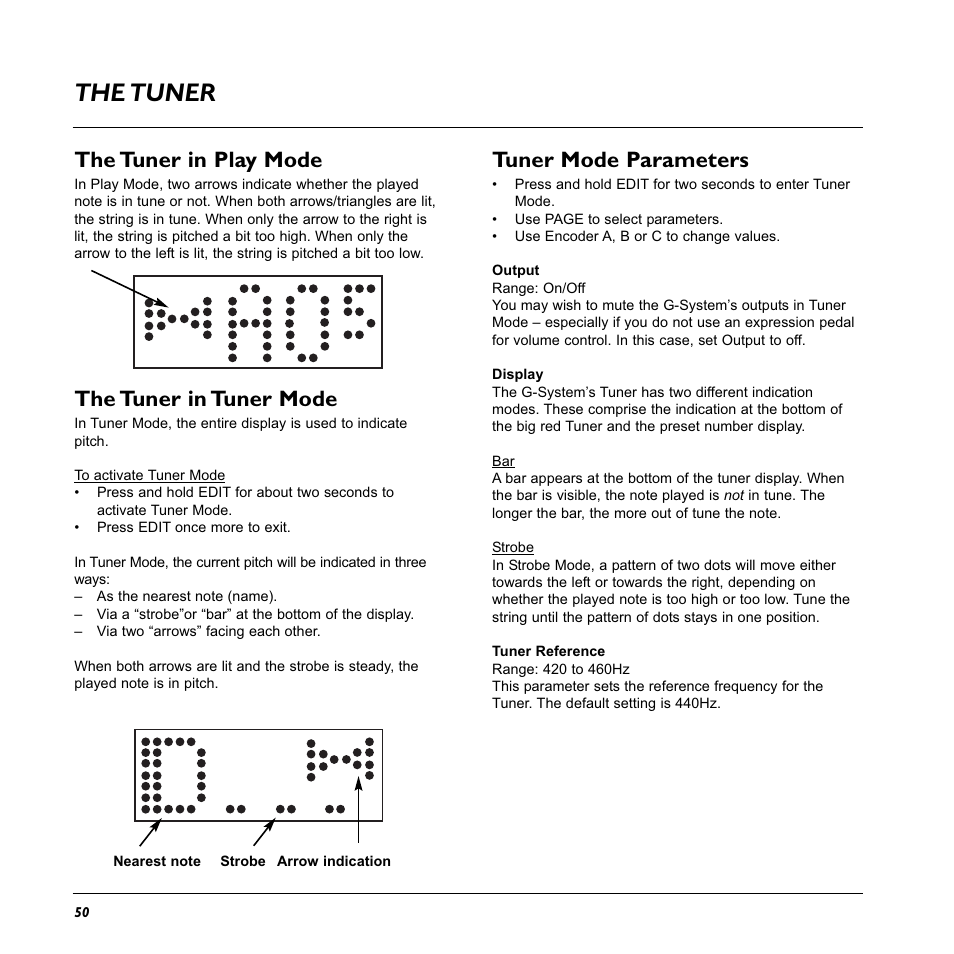 The tuner, Tuner mode parameters, The tuner in play mode | The tuner in tuner mode | TC Electronic G-System User Manual | Page 52 / 81